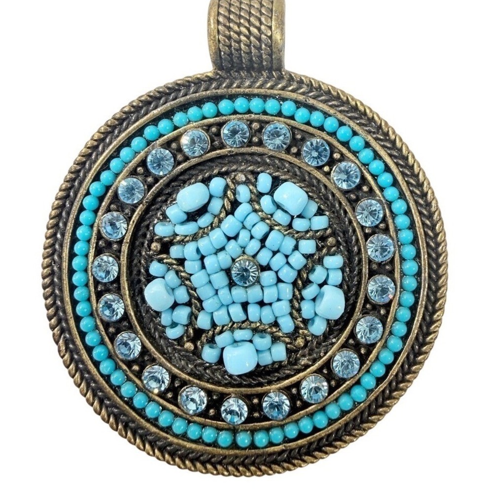 Best Bronze Round Pendant Turquoise Color Beads Starburst Center Blue Jewelry